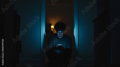 Young man using smartphone in dark room sitting between doors illuminated by phone screen