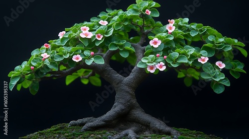 Miniature bonsai tree with pink flowers