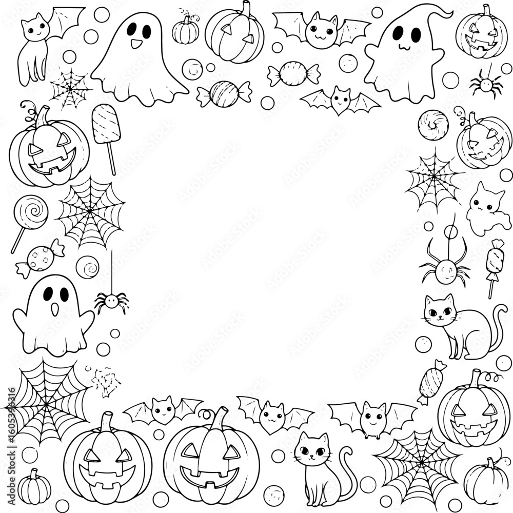 Obraz premium Whimsical halloween border design featuring cute ghosts smiling jack o lanterns black cats bats and spooky candy elements in a playful doodle style
