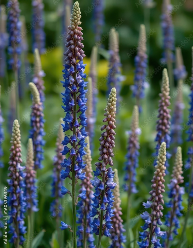 Fototapeta premium Tall blue flower spikes of Baptisia australis, false indigo, in full bloom, flora, legume family, botany