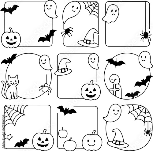 Collection of charming hand drawn halloween corner elements featuring cute ghosts smiling pumpkins bats spiders witch hats and cobwebs for festive design