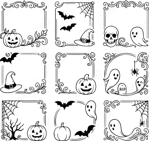 Collection of nine hand drawn halloween decorative borders featuring pumpkins ghosts bats skulls and spooky ornate flourishes for design projects