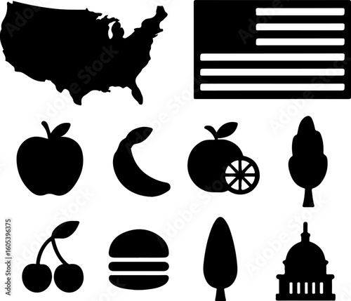 Collection of american icons representing food culture and national symbols including the usa map and flag