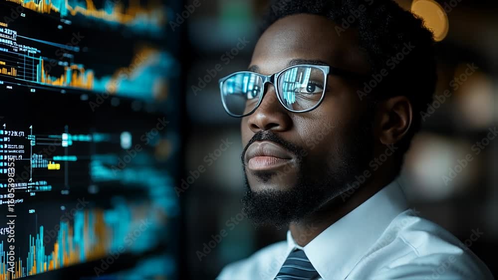 Intelligent analyst examines data visualizations on futuristic interactive display screen Intelligent analyst examines data visualizations on futuristic interactive display screen