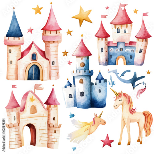 My Watercolor hand-painted collection with whimsical fairy tale painting illustration isolated on a white background, vector illustration, AI painting design, EPS format design. vector illustration