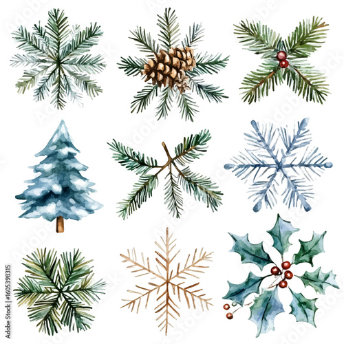 My Watercolor hand-painted collection with winter snowflakes, pine branch set illustration isolated on white background, vector illustration, AI painting design, EPS format design. vector illustration