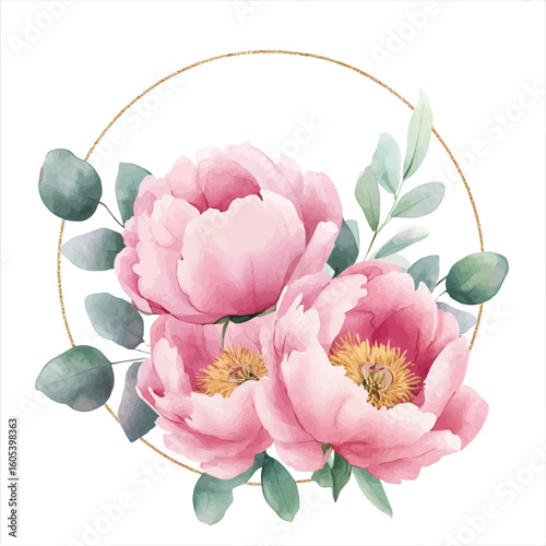 My Watercolor hand-painted floral frame with pink peonies and eucalyptus illustration isolated on a white background, vector illustration, AI painting design, EPS format design. vector illustration