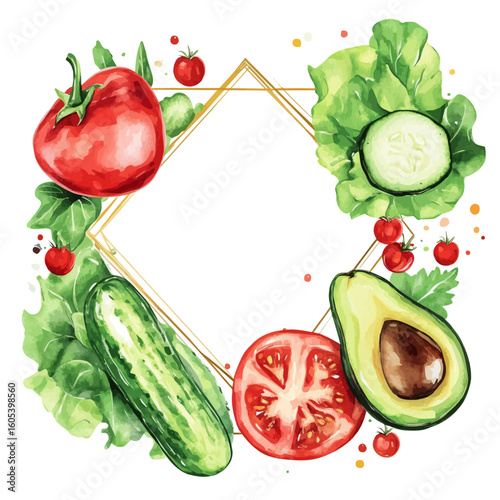My Watercolor hand-painted frame with fresh vegetables and fruits illustration isolated on a white background, vector illustration, AI painting design, EPS format design. vector illustration