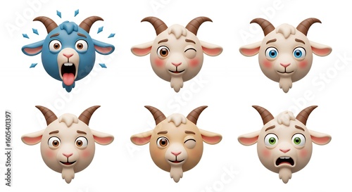 Cartoon goat emoticons set expressions
