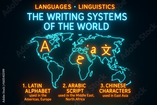 World Writing Systems Infographic with Scripts and Origins for Linguistic Study