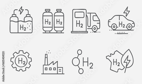 Linear icon set about hydrogen energy: electrolysis, H₂ tanks, fuel stations, hydrogen cars, industry, molecules, and sustainability. Minimalist stroke style, ideal for green energy and tech projects.