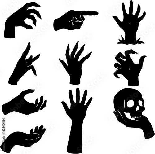 Collection of silhouetted hands and claws in various poses suggesting horror danger and the supernatural with a skull detail