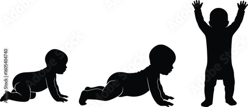 Baby developmental silhouette vector, crawling and standing stages, child growth illustration, movement posture transitions, cad drawing flat vector illustration