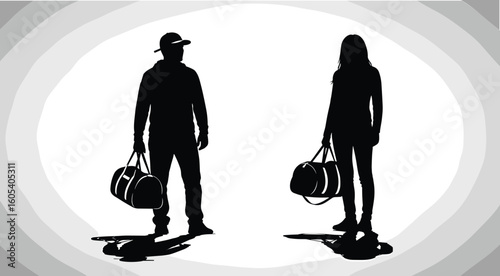 Travelers with duffel bags silhouette vector, standing posture, distant positioning, fashion accessories, cad drawing flat vector illustration