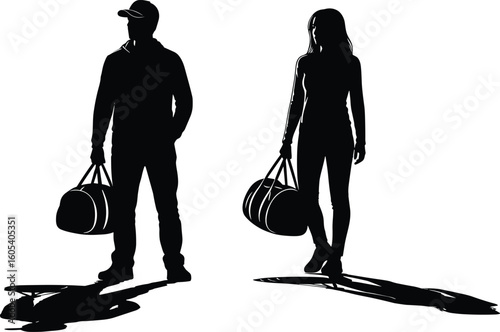 Cad drawing flat vector illustration, silhouette of two people with duffel bags, casual outfits, walking, stylish travel, relaxed pose