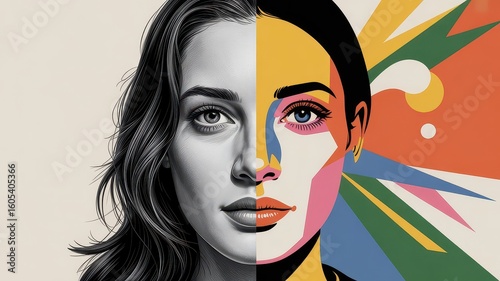 Woman's face illustrated in half monochrome and half colorful style, concept of uniqueness  