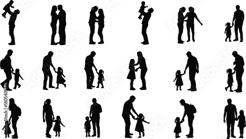 Parent-child interaction silhouette vector, family bonding artwork, walking and lifting poses, nurturing lifestyle scene, cad drawing flat vector illustration