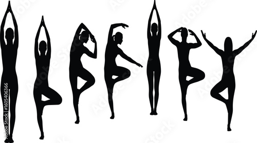Yoga poses silhouette vector illustration, flexibility and balance, mindfulness exercise, fitness routine, healthy lifestyle, cad drawing flat vector illustration