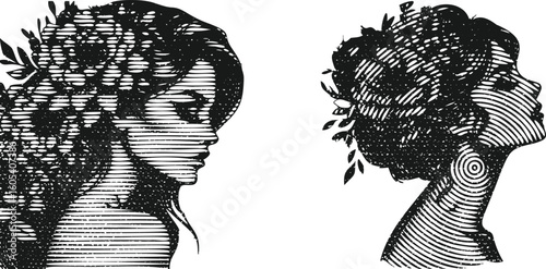 Monochrome lined engraving bundle of elegant woman in profile with floral hair and closed eyes art