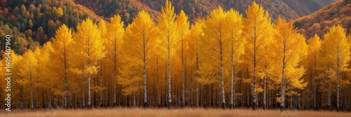 A cluster of yellow aspen trees stand tall amidst the autumn foliage, foliage, fall