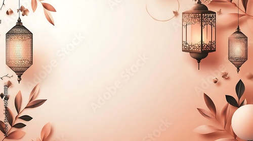 Elegant lanterns with leaves on peach background
