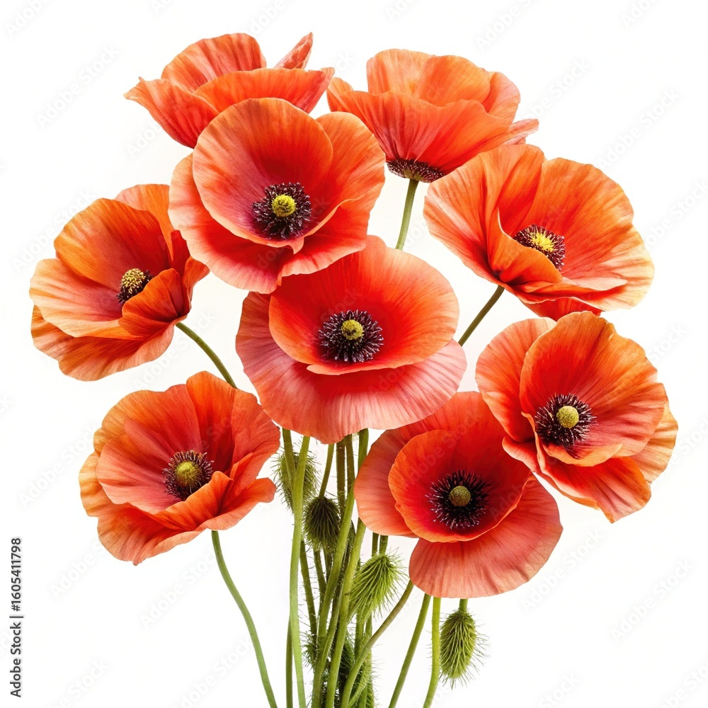 Obraz premium Vibrant cluster of red poppy flowers with intricate details on a white background