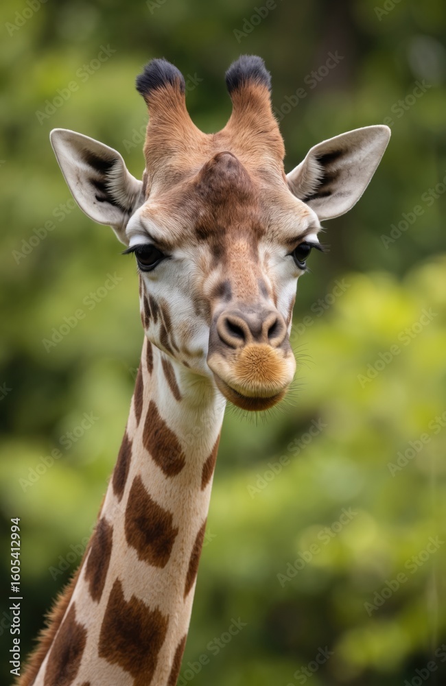Obraz premium Giraffe head portrait, closeup of unique patterned fur. This tall mammal face shows gentle eyes and long neck. Wild animal in natural savanna habitat, perfect for travel or wildlife themes.