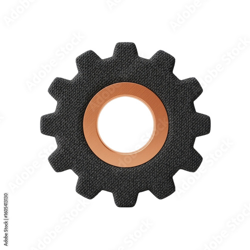 Textured dark gray gear icon with a metallic copper-colored center, isolated on a clean white background, representing settings, mechanics, or engineering solutions.