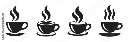 Set of black steaming coffee cup icons and cups of coffee silhouette