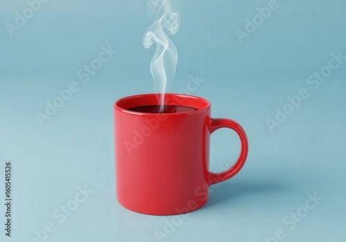 A Close Up Of A Hot Cup Of Red Coffee Emitting Steam Against A Light Blue Background