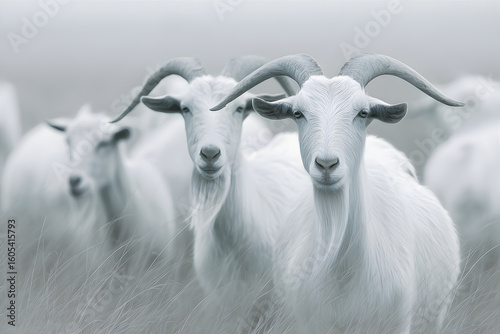 Herd of white goat with large horns staring directly at the camera in soft light. Livestock and farm animal concept.
