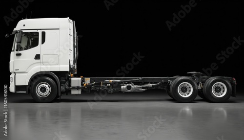 White truck cab focused on robust suspension system. Engineering details for ride comfort, driver safety. Heavy duty truck chassis, automotive parts, mechanical details for road transport.