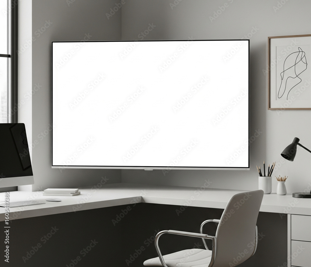 Tv Screen In A Slim Corner Office With Minimalist Desk And Chair Tv Screen In A Slim Corner Office With Minimalist Desk And Chair