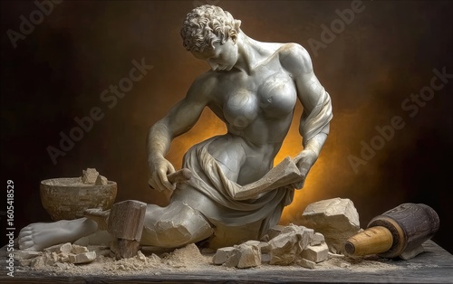 Aspiration sculpt scene: Woman figure cuts away distraction, embodying discipline path, inner clarity, rising spirit, defined will, strong aim, sculpted self, determined energy, focused transformation