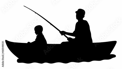 Silhouette of a man and child fishing in a boat with a fishing rod on the water in black and white view