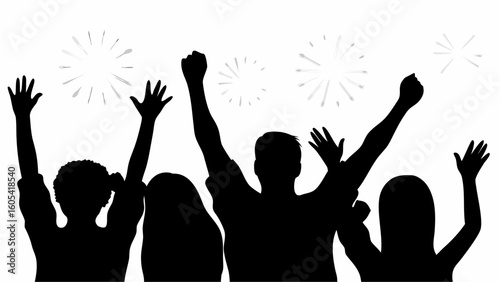Silhouette of cheering crowd with raised arms celebrating under fireworks in a night sky scene design