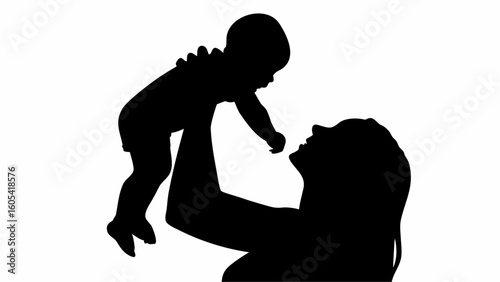 Silhouette of a mother holding her baby up in the air with love and affection in a black and white image