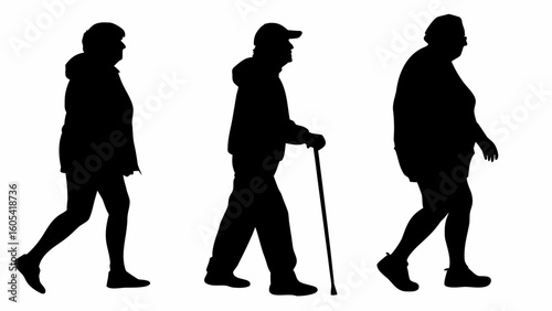Silhouettes of three elderly people walking with one using a cane on a white background in a simple style