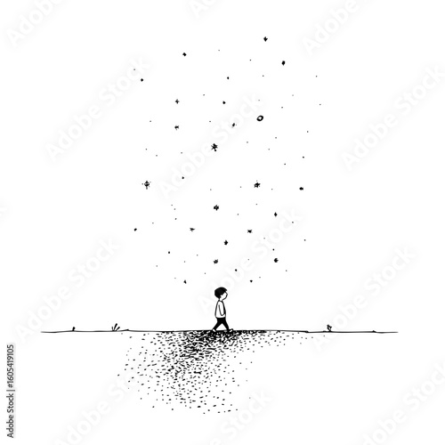A lone figure walking on a path under a sky full of stars in a minimalist black and white drawing style
