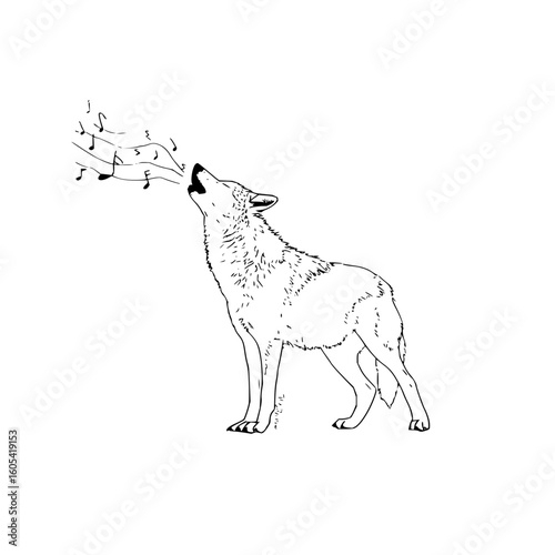 Illustration of a howling wolf with musical notes emanating from its mouth in black and white style