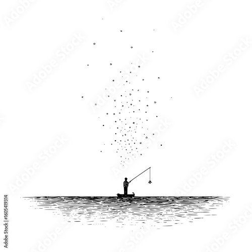 A lone fisherman in a small boat on the water with fishing rod under a cloud of floating particles