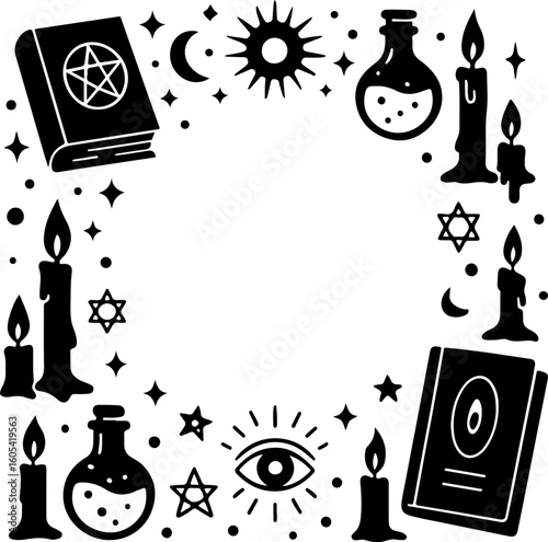 Mystical witchcraft border frame with occult symbols candles potion bottles spellbook and all seeing eye for magical designs