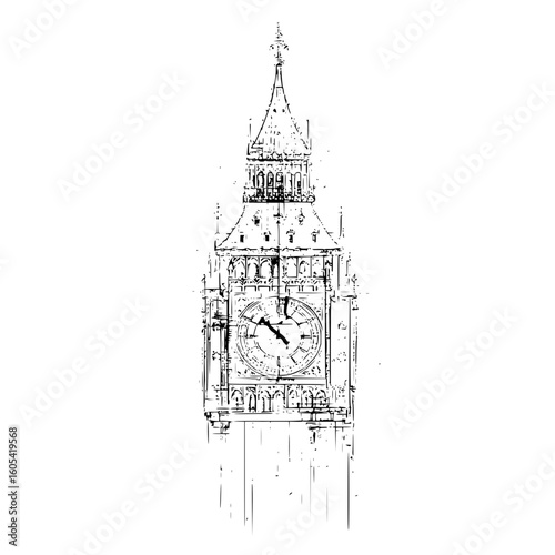 Illustration of big ben clock tower with detailed architectural features in a monochrome sketch style