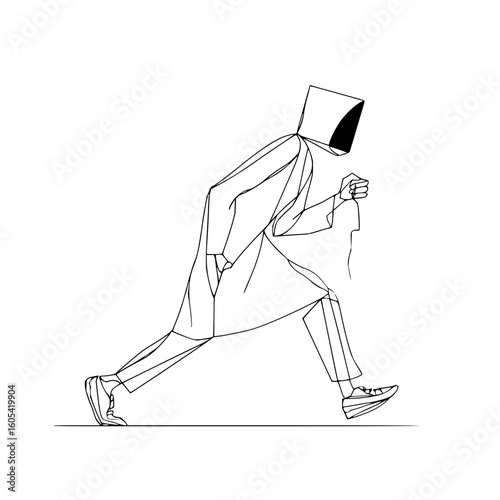 A minimalist line drawing of a figure in a hooded robe running in a dynamic pose on white background