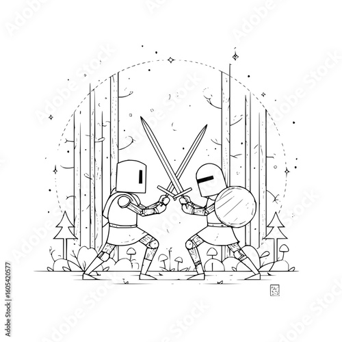 Two stylized knights in armor clash swords in a forest clearing in a black and white illustration