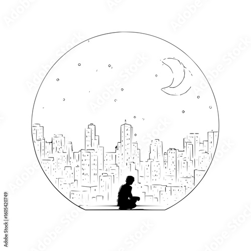 Silhouette of a person gazing at a city skyline under a crescent moon and starry night sky drawing