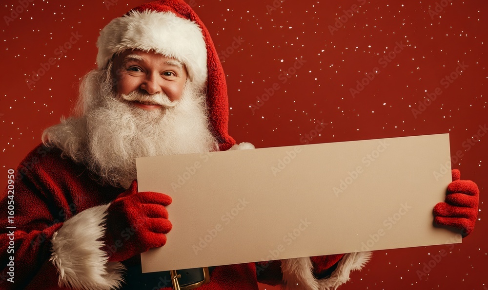 Naklejka premium Cheerful santa holding blank sign, inviting personalized christmas message, sparkling snowflakes decorating vibrant red festive background