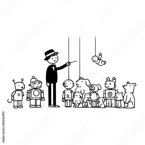 A man in a suit presents robots dogs and a baby hanging by a string in a line in black and white art