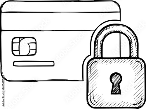 Credit card and secure lock icon, symbolizing secure payment system with hand-drawn style