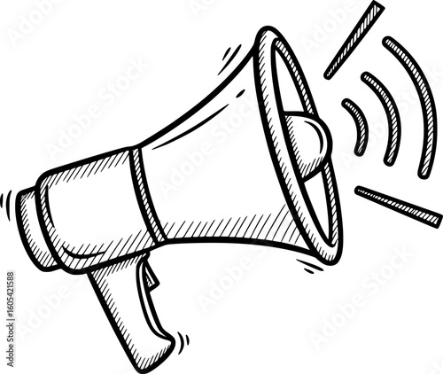 Megaphone with sound waves icon, symbolizing advertisement with hand-drawn style